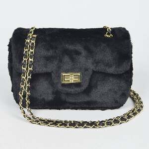 Black Faux Fur  Crossbody or Shoulder Bag  with Gold Adjustable Chain